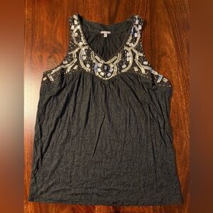 Embellished Black Sleeveless Beaded Tank Top